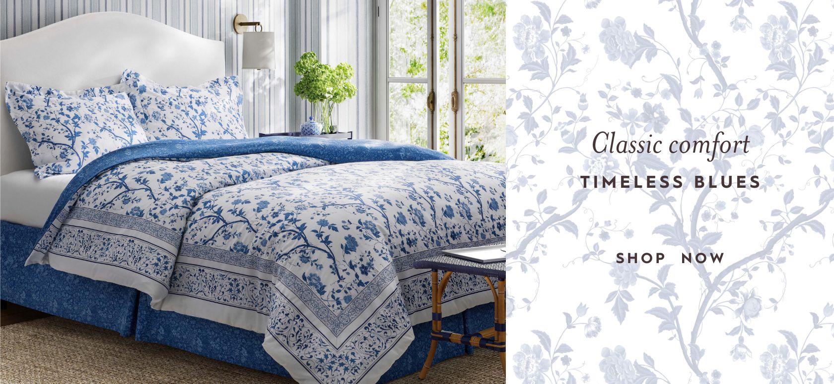 Charlotte Comforter Set on a bed by an open window.