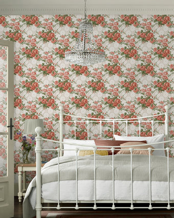Country Roses Old Rose Pink Wallpaper view of wallpaper on a wall