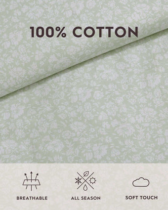 Heirloom Ditzy Cotton Green Comforter Set on a bed in a room 100% Cotton, Brathable, All Season, Soft Touch