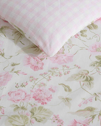 Morning Gloria Cotton Pink Comforter Set closeup of print and reverse
