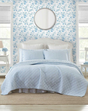 Oxford Stripe Blue Quilt Set on a bed in a room setting