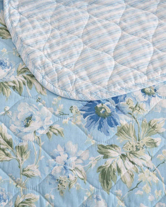 Peony Garden Blue Quilt Set close up of print and reverse of quilt