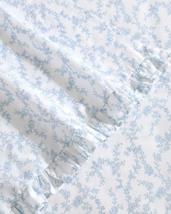 Victoria Cotton Percale Blue and White Sheet Set View of ruffle detail