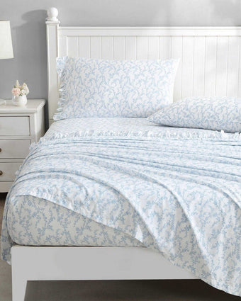 Victoria Cotton Percale Blue and White Sheet Set View of sheet set on bed