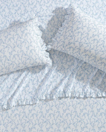 Victoria Cotton Percale Blue and White Sheet Set Overhead view of sheet set on bed