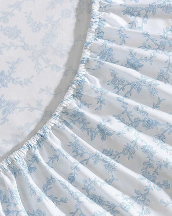 Victoria Cotton Percale Blue and White Sheet Set View of bottom sheet elastic corner