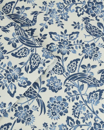 Adain Palace Dark Seaspray Blue Wallpaper view of wallpaper and a roll of wallpaper