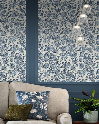Adain Palace Dark Seaspray Blue Wallpaper view of wallpaper on a wall in a room