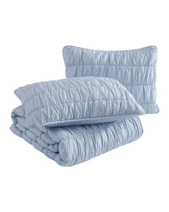 Amalia Microfiber Blue Quilt Set View of folded quilt and shams