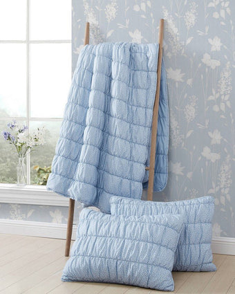 Amalia Microfiber Blue Quilt Set Lifestyle view of quilt and shams