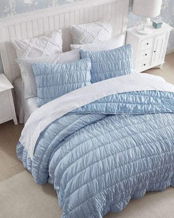 Amalia Microfiber Blue Quilt Set Aerial view of quilt and shams on a bed