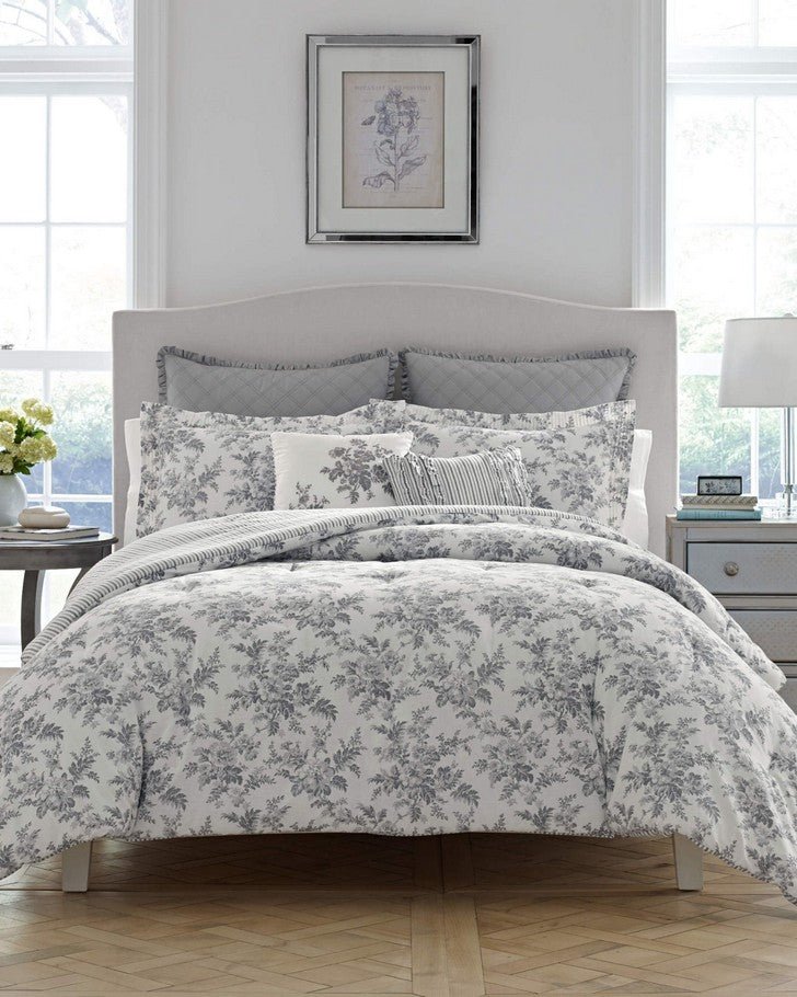 Annalise Floral Grey Duvet Cover Bonus Set - View of duvet, standard shams, euro shams, and decorative pillows on a bed