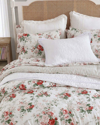 Ashfield Bright Red Cotton Flannel Reversible Comforter Set close up view of comforter on a bed