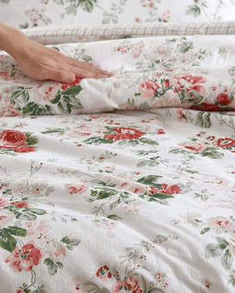 Ashfield Bright Red Cotton Flannel Reversible Comforter Set close up view of  comforter 