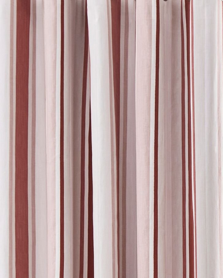 Awning Stripe Crimson Blackout Grommet Ready Made Curtains - Close-up view of  curtains