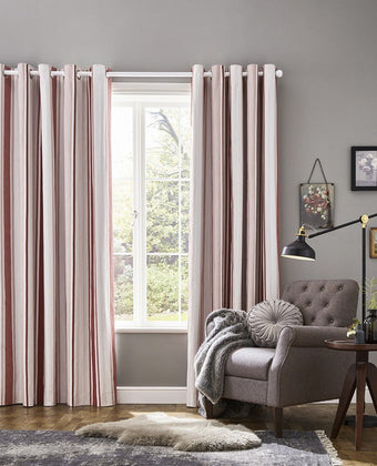 Awning Stripe Crimson Blackout Grommet Ready Made Curtains - View of curtains hanging