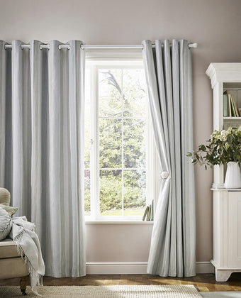 Awning Stripe Smoke Green Grommet Ready Made Curtains - View of curtains hanging