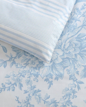 Bedford Blue Comforter Set  Close up view of both sides of comforter.