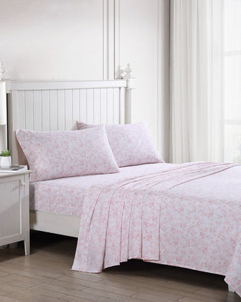 Bella Pink Cotton Sateen Sheet Set - View of sheets on bed