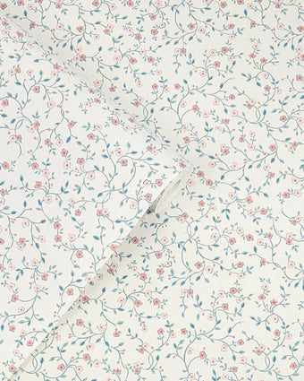 Blencow Sprig Dark Duck Egg Blue Wallpaper close up with wallpaper roll