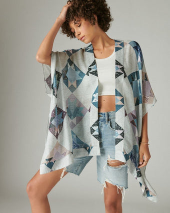 Blue Patchwork Kimono view of front of kimono