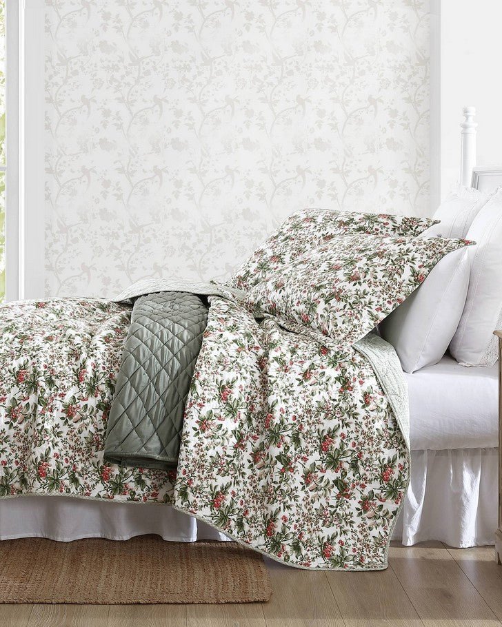 Laura Ashley Bramble Floral Cotton Reversible Green Quilt Set - On