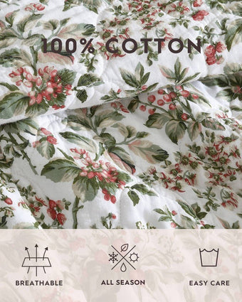 Bramble Floral Green Cotton Reversible Quilt Set view of information about quilt and shams