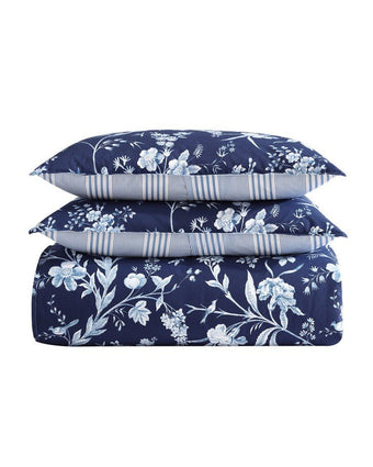 Branch Toile Blue Duvet Cover Bonus Set - View of folded duvet cover and shams