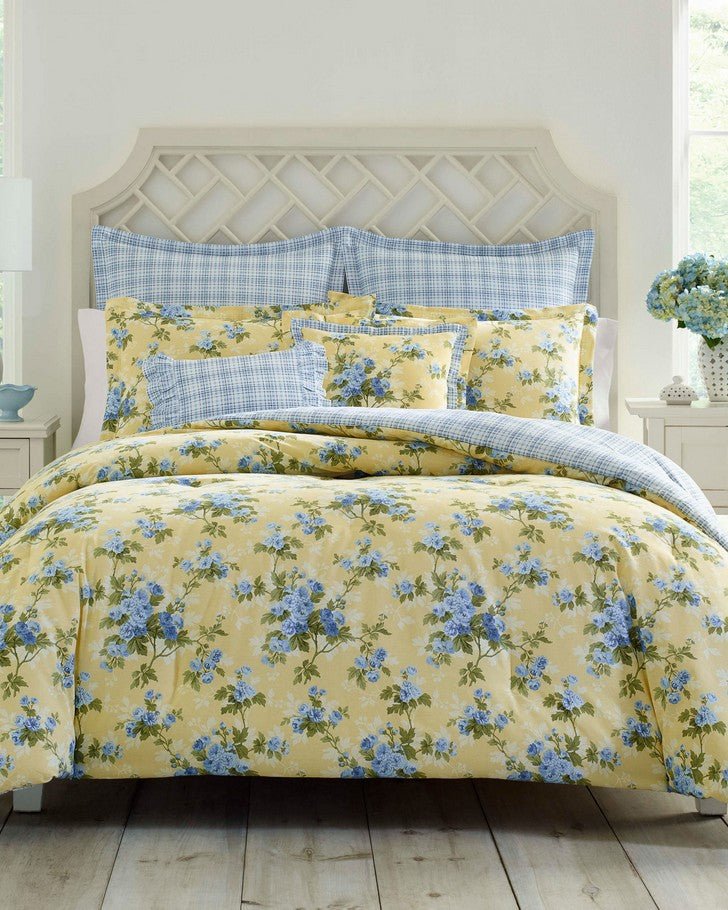 Cassidy Yellow Duvet Cover Bonus Set - View of duvet cover, standard shams, euro shams, and decorative pillows on bed