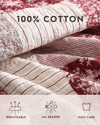 Celina Patchwork Cranberry Cotton Reversible Quilt Set view of information about the quilt and shams