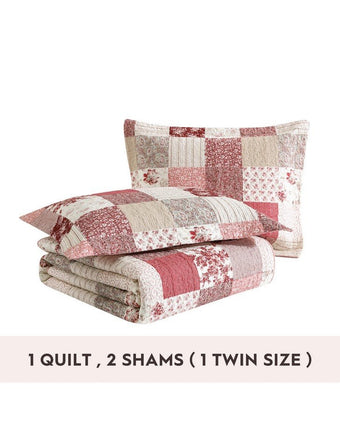 Celina Patchwork Cranberry Cotton Reversible Quilt Set view of folded quilt and shams