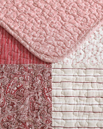 Celina Patchwork Cranberry Cotton Reversible Quilt Set  view of both sides of quilt 