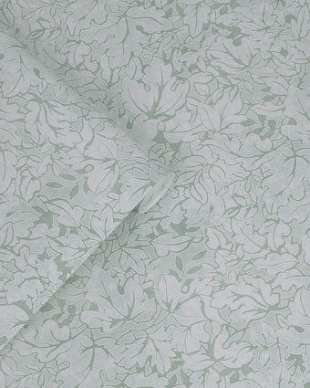 Corrina Leaf Mineral Green Wallpaper view of wallpaper and roll of wallpaper