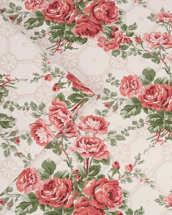 Country Roses Old Rose Pink Wallpaper view of wallpaper and a roll of wallpaper
