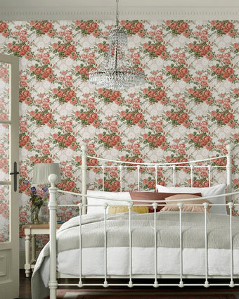 Country Roses Old Rose Pink Wallpaper view of wallpaper on a wall