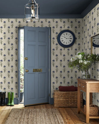 Dandelion Dusky Seaspray Blue Wallpaper view of wallpaper on a wall in a room