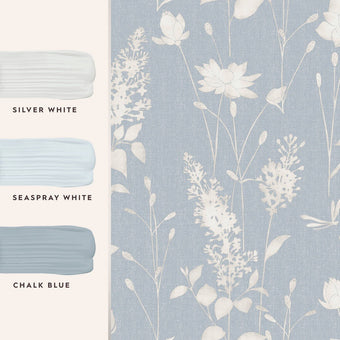 Dragonfly Garden Chalk Blue Wallpaper with three coordinating paint recommendations. 