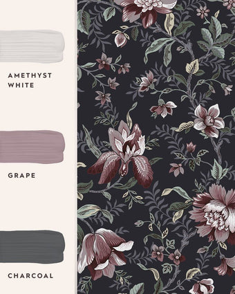 Edita’s Garden Charcoal Grey Wallpaper view of wallpaper and roll of wallpaper