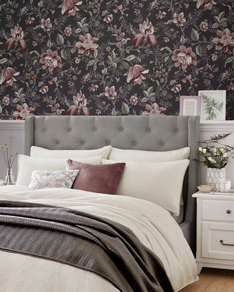 Edita’s Garden Charcoal Grey Wallpaper view of wallpaper on a wall