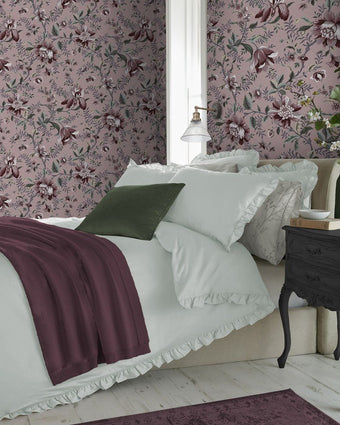 Edita’s Garden Pale Blackberry Wallpaper view of wallpaper on a wall