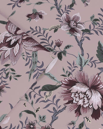 Edita’s Garden Pale Blackberry Wallpaper view of wallpaper and roll of wallpaper