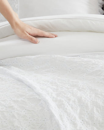 Eyelet Ruffle Microfiber White Comforter Set Close up view of comforter eyelet fabric