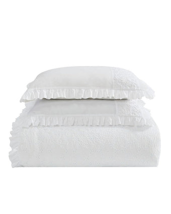 Eyelet Ruffle Microfiber White Comforter Set View of folded comforter and shams