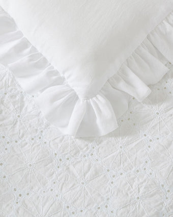 Eyelet Ruffle Microfiber White Comforter Set - Close up view of front and back of comforter