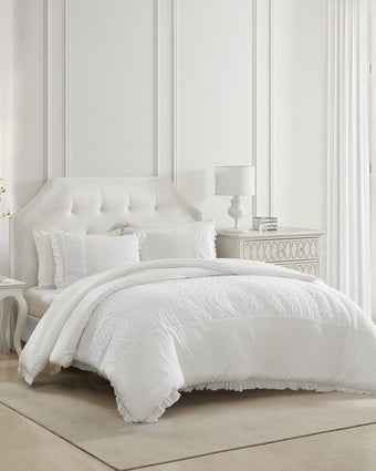 Eyelet Ruffle Microfiber White Comforter Set View of comforter set on a bed