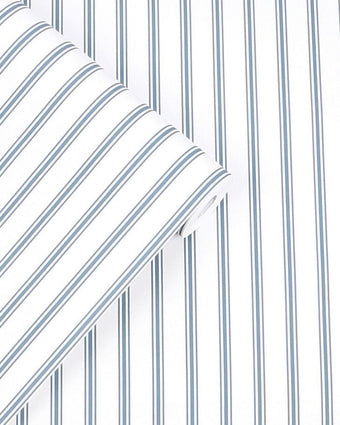 Farnworth Stripe Smoke Blue Wallpaper close up with wallpaper role