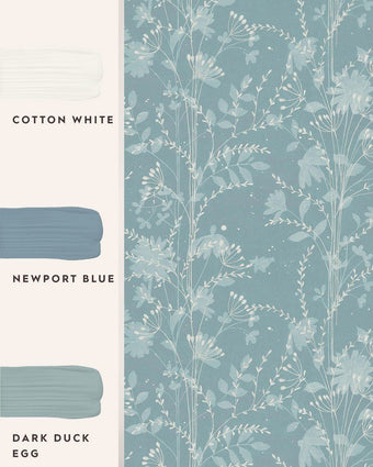 Fennelton Pale Newport Blue Wallpaper view of wallpaper and coordinating paint colors