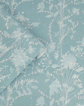 Fennelton Pale Newport Blue Wallpaper view of wallpaper and roll of wallpaper