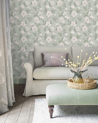 Fleurir Smoke Green Wallpaper - Laura Ashley