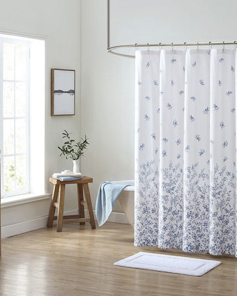 Flora Blue Cotton Twill Shower Curtain - Hanging view
